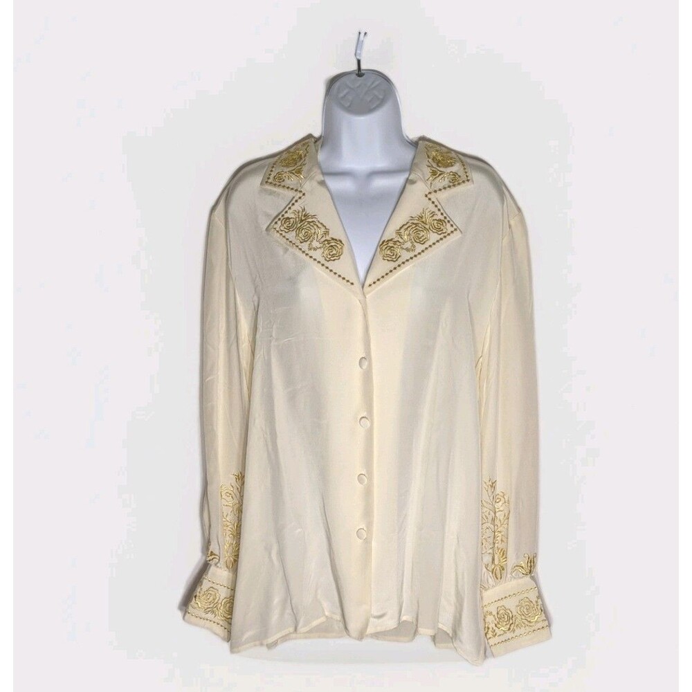 NWT Vtg DVF 100% Silk Blouse Sz L Ivory Gold Floral Embroidery Luxury Designer - Picture 2 of 15